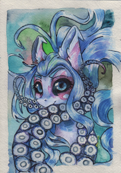 Size: 1719x2462 | Tagged: safe, artist:wopphank, oc, oc only, oc:aster the powerliquid, original species, black sclera, female, mare, markings, requested art, traditional art, watercolor painting