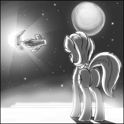Size: 1500x1500 | Tagged: safe, artist:theomegaridley, oc, oc only, oc:enigma, earth pony, pony, butt, eve online, glasses, looking away, male, moon, plot, solo, space, spaceship, stars, sun