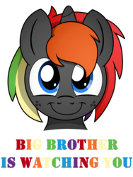 Size: 3000x4000 | Tagged: safe, artist:pananovich, oc, oc only, oc:krylone, pony, unicorn, 1984, big brother is watching, freckles, rainbow hair, simple background, smiling, solo, transparent background