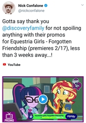Size: 1065x1517 | Tagged: safe, screencap, sci-twi, sunset shimmer, twilight sparkle, equestria girls, equestria girls specials, g4, my little pony equestria girls: better together, my little pony equestria girls: forgotten friendship, book, clothes, discovery family, eyes closed, female, glasses, meta, nick confalone, smiling, text, thumbs up, twitter