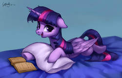 Size: 1495x965 | Tagged: dead source, safe, artist:luciferamon, twilight sparkle, alicorn, pony, g4, book, cute, female, floppy ears, looking at you, mare, open mouth, pillow, prone, solo, twiabetes, twilight sparkle (alicorn)