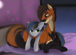 Size: 2605x1920 | Tagged: safe, artist:sinigam41, oc, oc only, oc:lixthewolf, oc:nightglider, bat pony, pony, wolf pony, :3, bed, bedroom, biting, blushing, cuddling, cute, ear bite, lixder, looking at each other, lying down, lying on bed, raised eyebrow, shipping