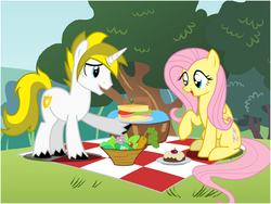 Size: 800x600 | Tagged: safe, artist:flash equestria photography, fluttershy, oc, oc:white heart, pegasus, pony, unicorn, g4, cake, canon x oc, carrot, cute, female, flower, food, male, picnic, picnic blanket, sandwich, shipping, straight, tree, whiteshy