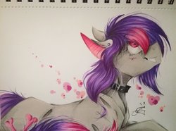 Size: 1024x761 | Tagged: safe, artist:scootiegp, oc, oc only, earth pony, pony, blushing, bone, choker, collar, ear piercing, earring, female, grin, heart, jewelry, looking up, mare, necklace, piercing, signature, sitting, smiling, solo, traditional art