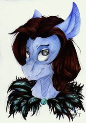 Size: 1024x1455 | Tagged: safe, artist:scootiegp, oc, oc only, pony, bust, button, clothes, feather, grin, looking at you, male, portrait, signature, simple background, smiling, solo, stallion, traditional art, white background