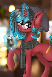 Size: 1379x2031 | Tagged: safe, artist:brony.enthusiast, oc, oc only, oc:rëdstring, pony, beanie, clothes, coffee, ear piercing, full body, glasses, hat, piercing, scarf, solo