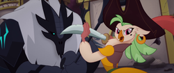 Size: 1920x804 | Tagged: safe, screencap, captain celaeno, parrot pirates, anthro, g4, my little pony: the movie, beauty mark, ear piercing, earring, female, hat, jewelry, looking back, piercing, pirate, pirate hat, spear, storm guard, sword, weapon