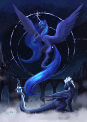 Size: 2500x3500 | Tagged: safe, artist:dalagar, princess luna, oc, oc:teurus, alicorn, dragon, pony, g4, canon x oc, female, flying, high res, large wings, looking at you, majestic, mare, night, spread wings, stars, sword, weapon, wings