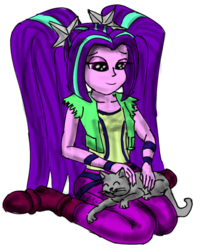 Size: 770x960 | Tagged: artist needed, source needed, safe, aria blaze, cat, equestria girls, g4, ariabetes, cute, kitten, kneeling, lidded eyes, petting, simple background, smiling, transparent background