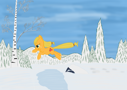 Size: 3200x2263 | Tagged: safe, artist:qeinone, applejack, earth pony, pony, g4, female, forest, hatless, high res, mare, missing accessory, solo, winter