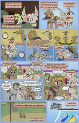 Size: 3300x5100 | Tagged: safe, artist:floofyfoxcomics, oc, oc only, oc:quickshot, oc:sarge, oc:sunlight days, earth pony, pegasus, pony, comic:a dash of peppermint, absurd resolution, banner, blade, comic, crossbow, dart, female, male, mannequin, mare, scar, shipping fuel, stallion, weapon, wingblade