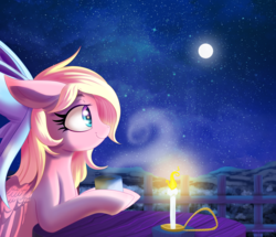 Size: 3494x3000 | Tagged: safe, artist:ask-colorsound, oc, oc only, oc:bay breeze, pegasus, pony, bow, candle, coffee, cute, female, hair bow, high res, mare, moon, night, solo, stars