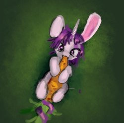 Size: 873x867 | Tagged: safe, artist:xbi, oc, oc only, oc:lapush buns, bunnycorn, pony, unicorn, bunny ears, carrot, carrot in mouth, cute, food, male, purple mane, solo, stallion