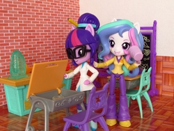 Size: 1000x750 | Tagged: safe, artist:whatthehell!?, princess celestia, principal celestia, sci-twi, twilight sparkle, equestria girls, g4, apple, chair, chalkboard, classroom, clothes, coat, cup, desk, doll, equestria girls minis, food, gem, irl, photo, shoes, toy