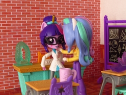 Size: 1000x750 | Tagged: safe, artist:whatthehell!?, princess celestia, principal celestia, sci-twi, twilight sparkle, equestria girls, g4, apple, chair, chalkboard, classroom, clothes, coat, cup, desk, doll, equestria girls minis, food, gem, irl, photo, shoes, toy