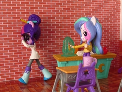 Size: 1000x750 | Tagged: safe, artist:whatthehell!?, princess celestia, principal celestia, sci-twi, twilight sparkle, equestria girls, g4, apple, chair, classroom, clothes, coat, crying, cup, desk, doll, equestria girls minis, food, gem, irl, photo, shoes, toy