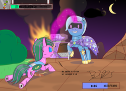 Size: 2000x1454 | Tagged: safe, artist:trackheadtherobopony, trixie, oc, oc:glimmering shield, changeling, pony, robot, robot pony, g4, boss fight, bush, cape, clothes, damage, dialogue, evil grin, fight, fire, grin, life bar, magic, night, oil, roboticization, signature, smiling, tank (vehicle), trixie's cape, trixiebot