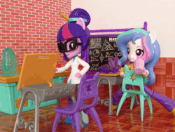 Size: 660x495 | Tagged: safe, artist:whatthehell!?, princess celestia, principal celestia, sci-twi, twilight sparkle, equestria girls, g4, animated, apple, chair, chalkboard, classroom, clothes, coat, cup, desk, doll, equestria girls minis, food, gem, irl, photo, shoes, stop motion, toy