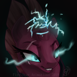Size: 1000x1000 | Tagged: dead source, safe, artist:candasaurus, tempest shadow, pony, unicorn, g4, my little pony: the movie, broken horn, bust, eye scar, female, glowing eyes, horn, magic, mare, scar, solo, sombra eyes, sparking horn