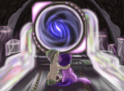 Size: 3200x2347 | Tagged: artist needed, safe, oc, oc only, oc:enigma, oc:technical circuits, earth pony, pony, unicorn, fallout equestria, both cutie marks, butt, duo, female, high res, hug, looking away, male, plot, portal, time machine, time portal