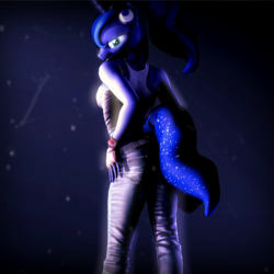 Size: 1080x1080 | Tagged: safe, artist:lunar57, princess luna, anthro, g4, 3d, clothes, female, fingerless gloves, gloves, jeans, looking at you, looking back, looking back at you, pants, solo, source filmmaker, tank top