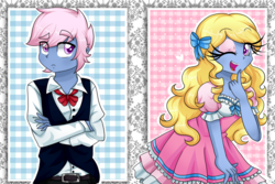 Size: 1050x700 | Tagged: safe, artist:lucy-tan, oc, oc only, oc:azure/sapphire, equestria girls, g4, before and after, bow, bowtie, clothes, crossdressing, equestria girls-ified, femboy, feminization, lace, makeup, male, vest