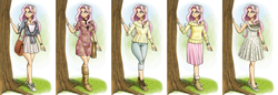 Size: 5000x1725 | Tagged: safe, artist:king-kakapo, fluttershy, human, g4, bag, boots, bracelet, clothes, dress, female, hairband, high heels, humanized, jewelry, lanky, light skin, line-up, multiple variants, necklace, pants, shoes, skinny, skirt, smiling, sneakers, solo, sweater, sweatershy, thin, tree