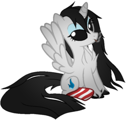 Size: 619x593 | Tagged: safe, artist:thecreativeenigma, oc, oc only, oc:candy cane, alicorn, pony, black sclera, clothes, female, mare, simple background, sitting, socks, solo, striped socks, transparent background