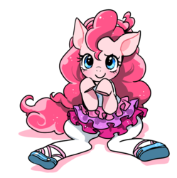 Size: 716x720 | Tagged: safe, artist:quizia, pinkie pie, earth pony, pony, equestria girls, g4, my little pony equestria girls: better together, blushing, clothes, cute, diapinkes, dress, equestria girls ponified, female, looking at you, mare, ponified, shoes, sitting, socks