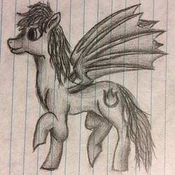 Size: 1024x1024 | Tagged: safe, artist:caucow, oc, oc only, oc:shadowtrot flamewraith, bat pony, pony, bat pony oc, grayscale, lined paper, male, monochrome, simple background, solo, stallion, traditional art