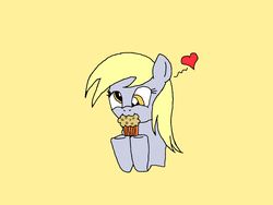 Size: 1600x1200 | Tagged: safe, artist:gempainter32, artist:icicle-niceicle-1517, derpibooru exclusive, derpy hooves, pegasus, pony, g4, :3, colored, cute, derpabetes, eating, female, food, heart, mare, muffin, nom, simple background, solo, yellow background