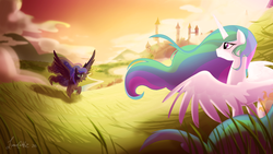Size: 1920x1080 | Tagged: safe, artist:lunarcakez, princess celestia, princess luna, alicorn, pony, g4, canterlot, cloud, duo, female, field, looking at each other, plant, royal sisters, running, sisters, spread wings, sunset, wings