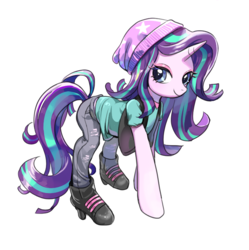Size: 716x720 | Tagged: safe, artist:quizia, starlight glimmer, pony, unicorn, equestria girls, equestria girls specials, g4, mirror magic, beanie, boots, clothes, cute, equestria girls outfit, female, glimmerbetes, hat, jacket, jeans, looking at you, mare, pants, quizia is trying to murder us, shoes, simple background, smiling, white background