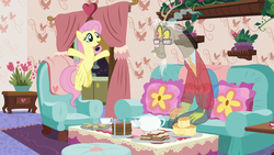Size: 1280x720 | Tagged: safe, screencap, discord, fluttershy, draconequus, pony, discordant harmony, g4, season 7, clothes, couch, cup, flying, food, glasses, milk toast, sandwich, scone, sweater, tea set, teacup, teapot, transparent