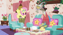 Size: 1280x720 | Tagged: safe, screencap, discord, fluttershy, draconequus, pony, discordant harmony, g4, season 7, clothes, couch, cup, flying, food, glasses, milk toast, sandwich, scone, sweater, tea set, teacup, teapot, transparent