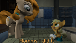 Size: 1920x1080 | Tagged: safe, artist:northern haste, applejack, pear butter, earth pony, pony, g4, 3d, bathroom, diaper, female, filly, foal, mare, mother, mother and daughter, potty, potty training, sitting on training potty, source filmmaker, training potty, younger