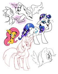 Size: 4469x5648 | Tagged: safe, artist:shira-hedgie, fluttershy, rainbow dash, rarity, spike, twilight sparkle, alicorn, pony, g4, absurd resolution, sketch, sketch dump, twilight sparkle (alicorn)