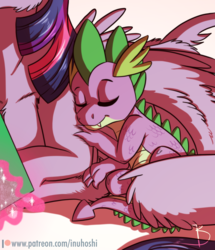 Size: 1024x1190 | Tagged: safe, artist:inuhoshi-to-darkpen, spike, twilight sparkle, alicorn, dragon, pony, g4, book, cuddling, cute, duo, eyes closed, female, hug, magic, male, mama twilight, mare, prone, reading, scales, sleeping, snuggling, spikabetes, spikelove, telekinesis, twilight sparkle (alicorn), winghug, wings