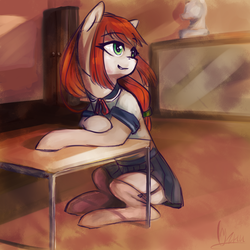 Size: 1080x1080 | Tagged: safe, artist:ognifireheart, oc, oc only, earth pony, pony, clothes, female, garter belt, grin, mare, school uniform, sitting, smiling, solo, stockings, thigh highs