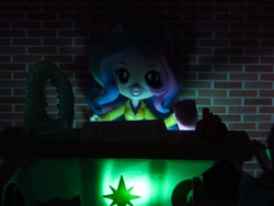 Size: 1000x750 | Tagged: safe, artist:whatthehell!?, princess celestia, principal celestia, equestria girls, g4, apple, chair, classroom, clothes, cup, desk, doll, equestria girls minis, eqventures of the minis, food, gem, irl, mad scientist, night, photo, shoes, toy