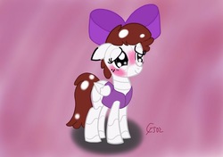 Size: 1024x720 | Tagged: safe, artist:cityflyer502, oc, oc only, oc:graph travel, pegasus, pony, robot, robot pony, blushing profusely, bow, clothes, cute, embarrassed, female, floppy ears, freckles, mare, missing cutie mark, prosthetic wing, shy, smiling, solo, vest