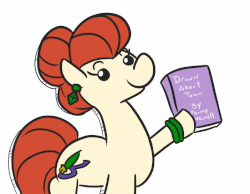 Size: 701x545 | Tagged: safe, artist:jargon scott, oc, oc only, oc:penny inkwell, earth pony, pony, animated, book, cardboard cutout, ear piercing, earring, female, gif, hoof hold, jewelry, mare, piercing, simple background, solo, the critic, waving, white background