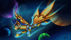 Size: 4096x2304 | Tagged: safe, artist:nightpaint12, flash sentry, pegasus, pony, g4, armor, flying, grin, male, planet, smiling, solo, space, warrior