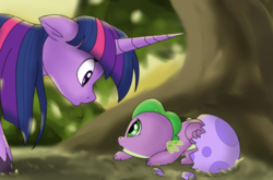 Size: 1214x800 | Tagged: safe, artist:emositecc, spike, twilight sparkle, pony, unicorn, g4, alternate universe, baby, baby spike, cute, dragon egg, egg, female, looking at each other, mare, spikabetes, spike's egg, tree, twiabetes