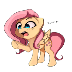 Size: 1200x1200 | Tagged: dead source, safe, artist:miokomata, fluttershy, pegasus, pony, dialogue, fangs, female, freckles, mare, menacing, simple background, solo, transparent background