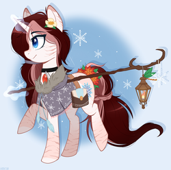 Size: 1110x1100 | Tagged: safe, artist:higglytownhero, oc, oc only, oc:ivory breeze, pony, unicorn, clothes, commission, female, flower, flower in hair, glowing horn, horn, jewelry, lantern, magic, mare, pendant, saddle bag, smiling, staff, telekinesis