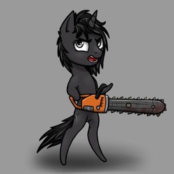 Size: 500x500 | Tagged: safe, artist:6editor9, oc, oc only, pony, unicorn, bipedal, chainsaw, gray background, open mouth, simple background, solo
