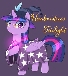 Size: 1400x1561 | Tagged: safe, artist:vampireselene13, twilight sparkle, alicorn, pony, g4, clothes, crossover, female, glasses, harry potter (series), hat, headmistress, hilarious in hindsight, mare, purple background, robe, simple background, solo, starry eyes, twilight sparkle (alicorn), wingding eyes, wizard hat