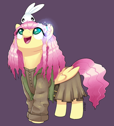 Size: 1399x1556 | Tagged: safe, artist:vampireselene13, angel bunny, fluttershy, pegasus, pony, rabbit, g4, alternate hairstyle, belt, clothes, costume, cross-eyed, crossover, cute, cutie mark eyes, dress, female, glowing, happy, harry potter (series), looking up, mare, open mouth, purple background, rubeus hagrid, shirt, shyabetes, simple background, smiling, solo, vest, wingding eyes