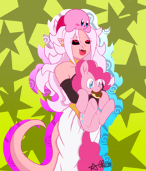 Size: 2377x2791 | Tagged: safe, artist:chris-star-fer, pinkie pie, earth pony, pony, puffball, g4, :d, :o, abstract background, android 21, crossover, cute, diapinkes, donut, dragon ball, dragon ball fighterz, fangs, female, food, high res, holding a pony, hug, kirby, kirby (series), majin android 21, mare, mouth hold, nom, open mouth, pink, smiling, too much pink energy is dangerous, underhoof, xk-class end-of-the-world scenario